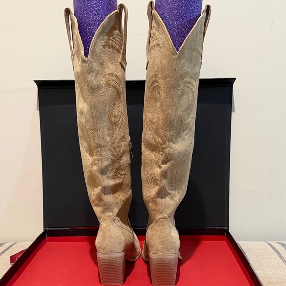 Wetkiss Knee High Tan Cowboy Faux Suede Boots for Women - Picture 4 of 10